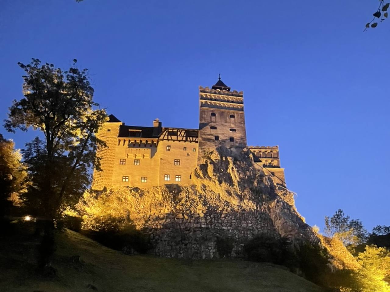 Brans Castle looking spooky at night.