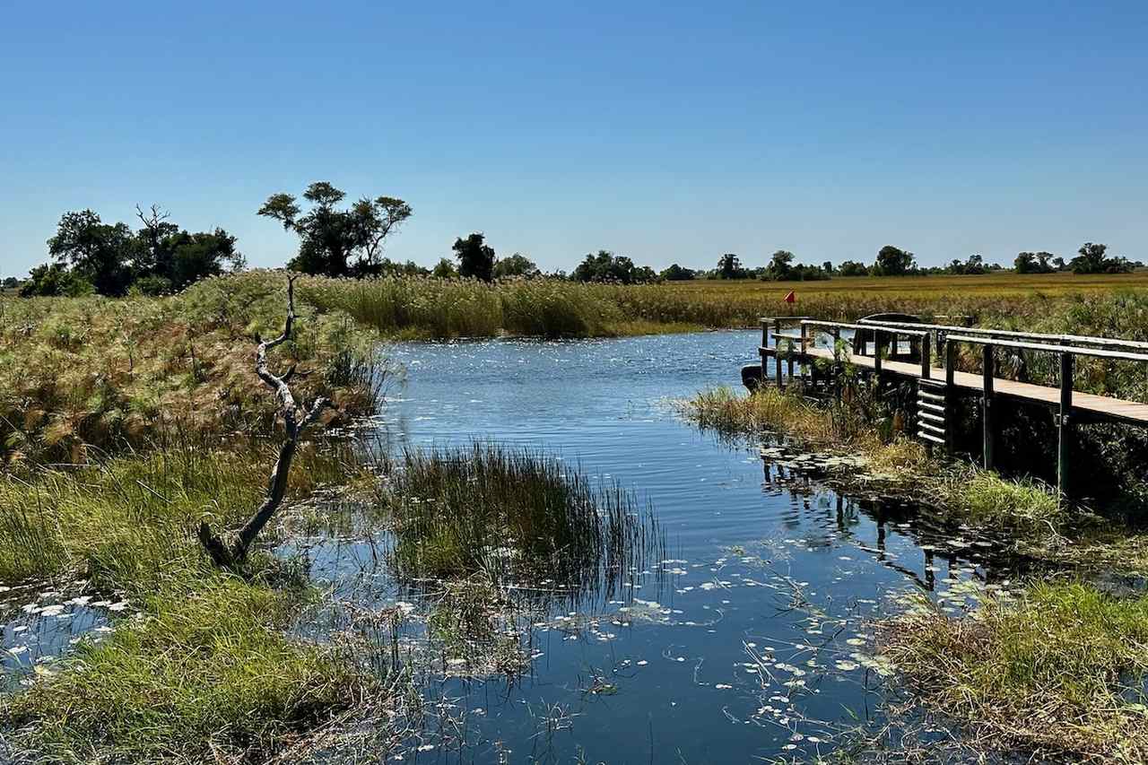 Jetty at Nxamaseri Island Lodge in the Okavango Delta in Botswana