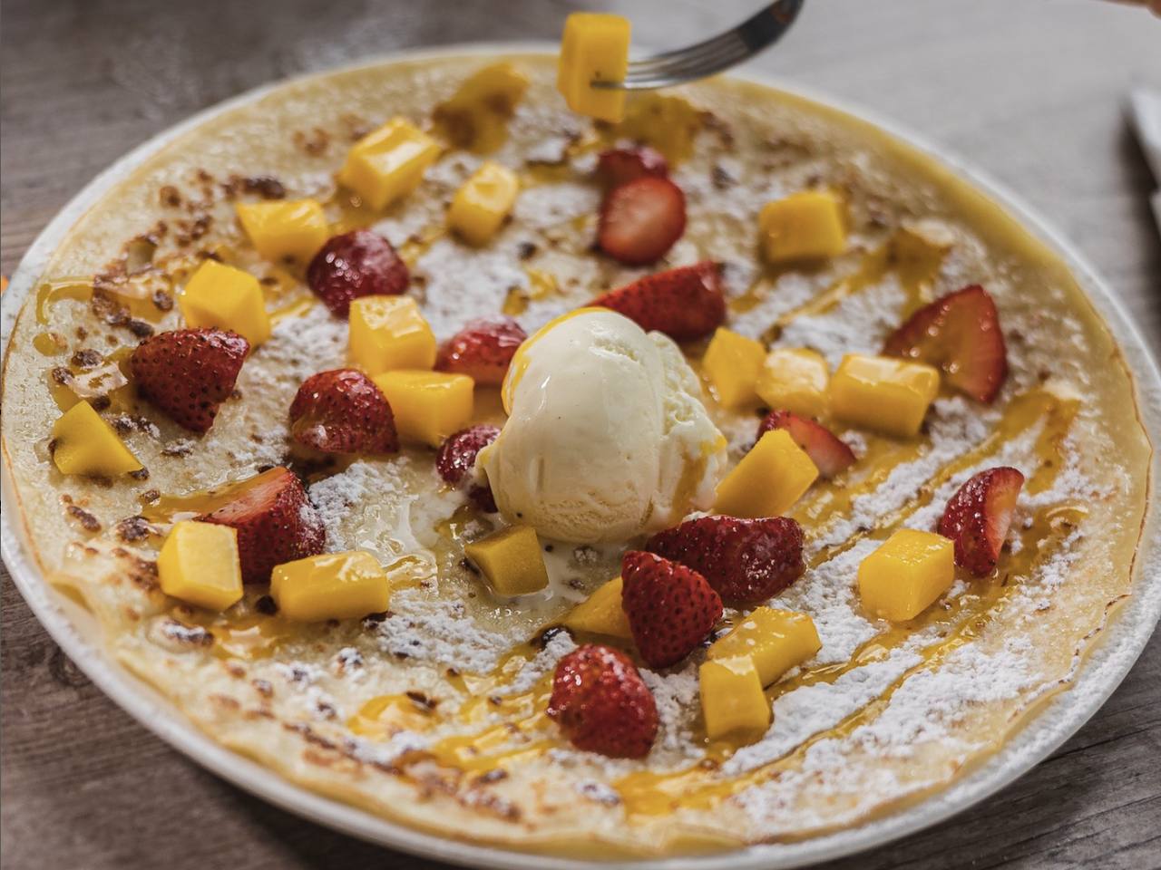 Mango and strawberry pancake at Dutch pancake restaurant, Aruba